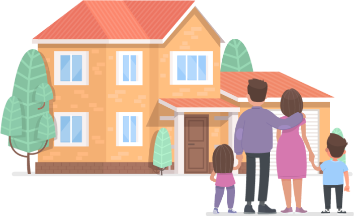 Cartoon family stands in front of a home.