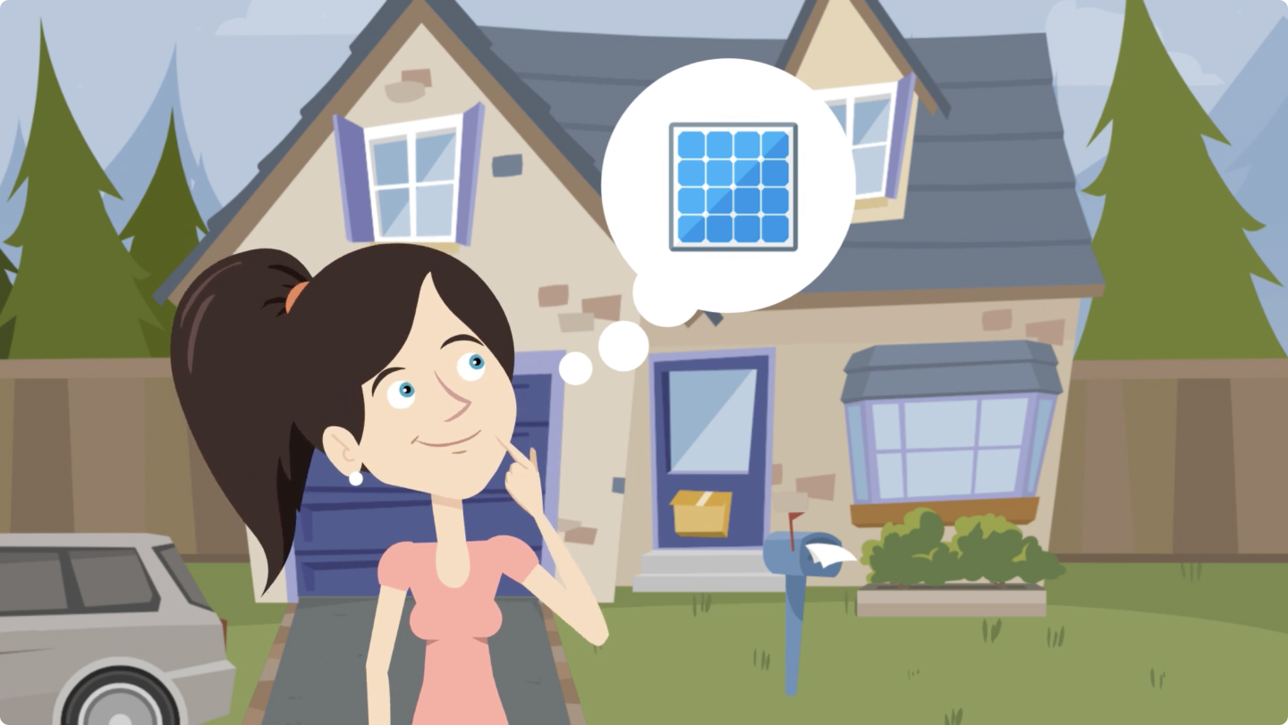 A cartoon woman stands in front of her home with a thought bubble showing a window.