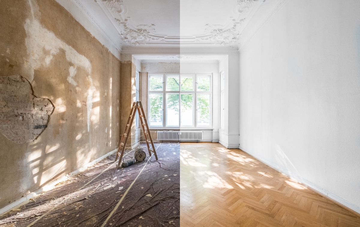 A comparison of a room in a home that underwent renovations. The left side is the "before" of the home being renovated. The right side is the home after renovations.