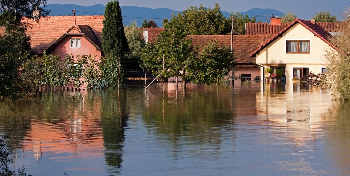 Two houses partially submerged in floodwater, with trees and shrubs around them reflecting in the water.