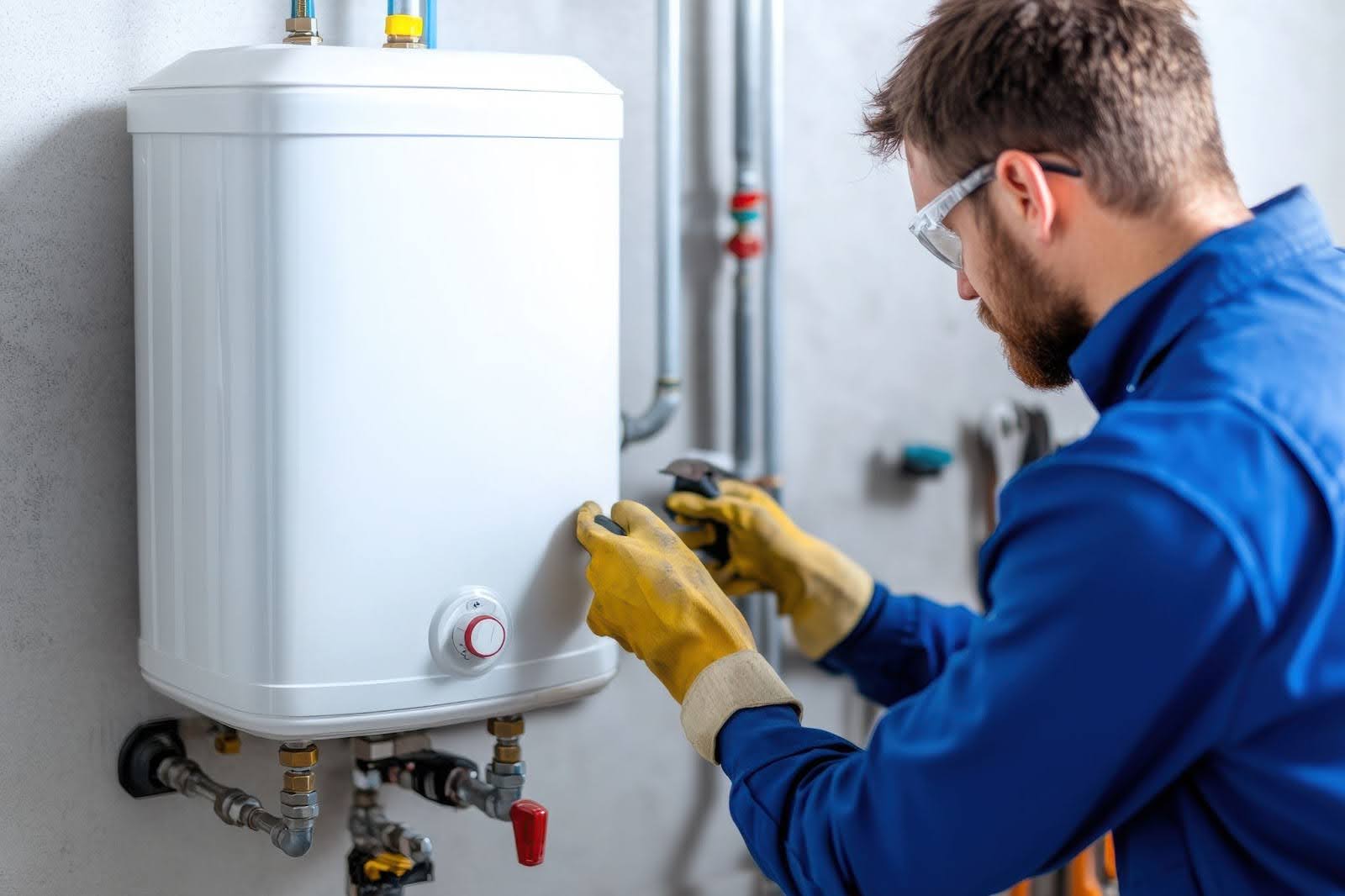 A man wearing protective goggles, yellow gloves, and a blue uniform works on a wall-mounted white water heater with exposed pipes in a utility area.